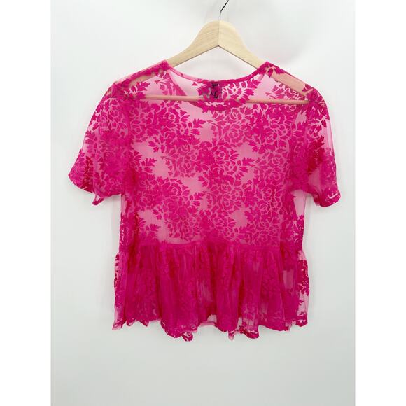 ASOS Pink Sheer Floral Short Sleeve Crew Neck Babydoll Top Women's Size 2 - Picture 2 of 7